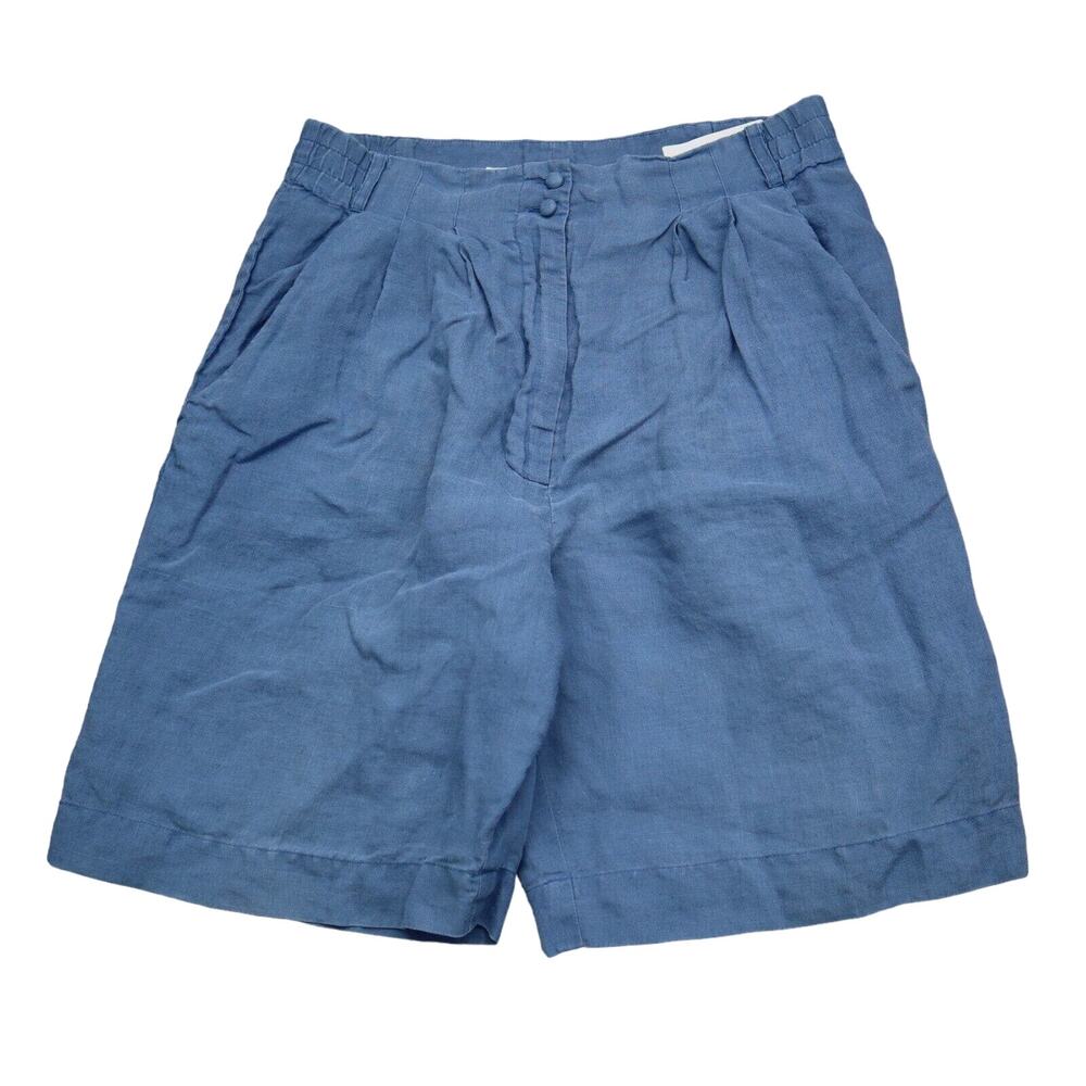 ISHU Shorts Womens 10 Blue Bermuda High Rise Elastic Waist Button Zip Pleated